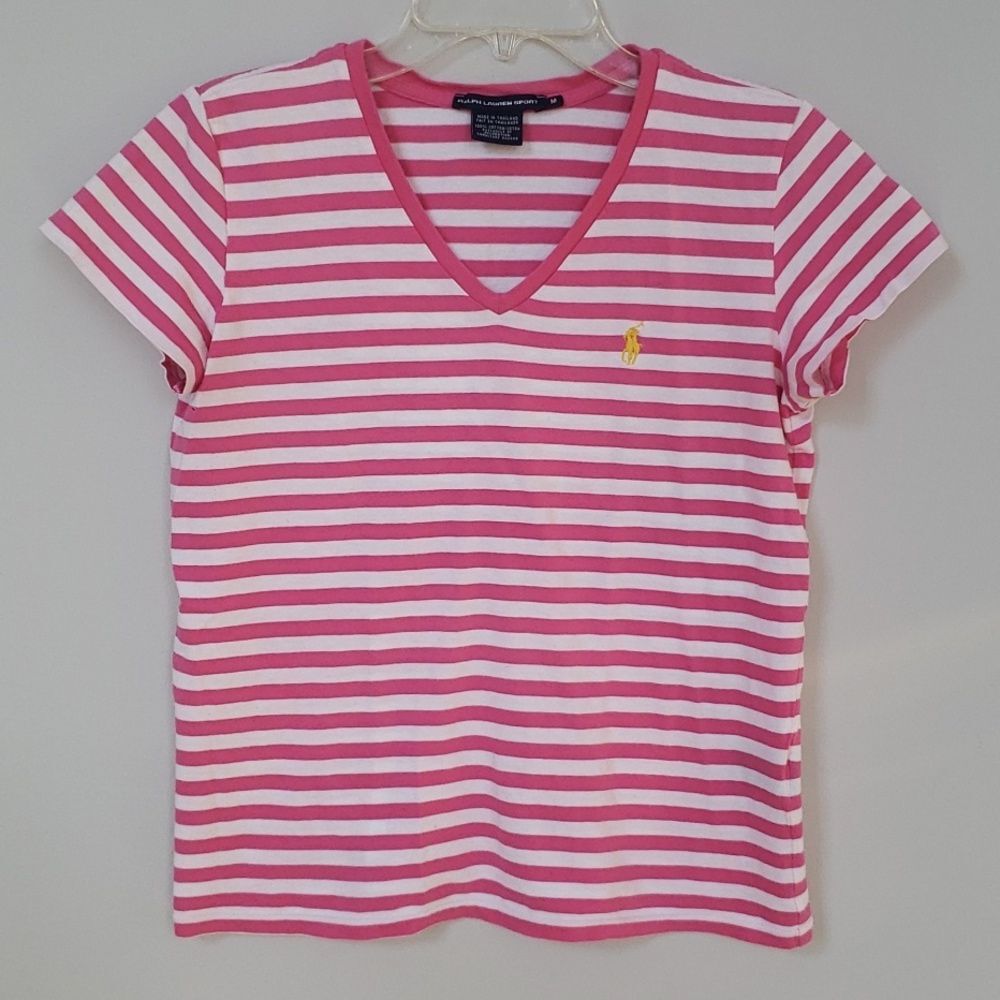 Ralph Lauren Sport Shirt Womens Medium Short Sleeved V Neck Breton Stripe Pink